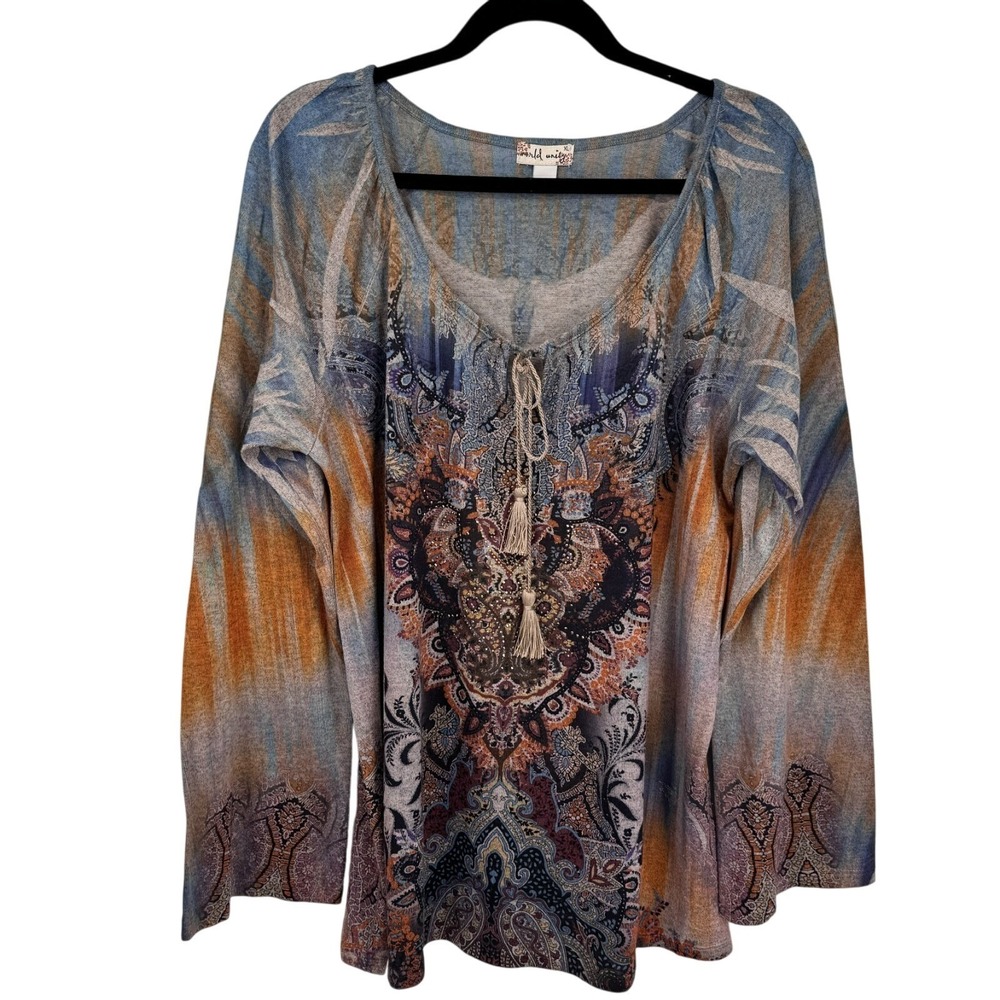 World Unity Sweater Womens XL Brown Boho Hippie Fairy Sparkle Flare Sleeve